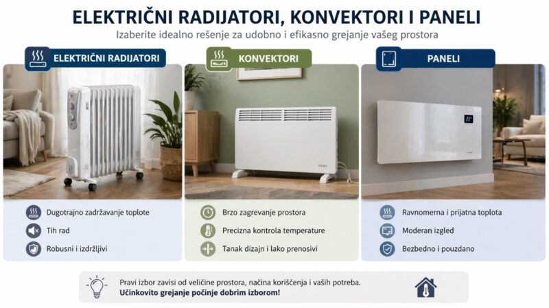 Infografik koji prikazuje razliku između električnih radijatora, konvektora i panelnih grejalica