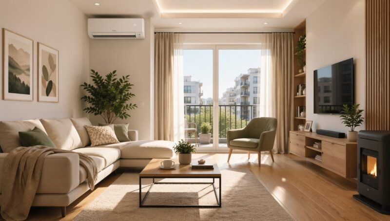 Moderan svetao dnevni boravak u stanu sa velikim prozorima i inverter klimom postavljenom iznad sofe koja služi za dodatno grejanje prostora