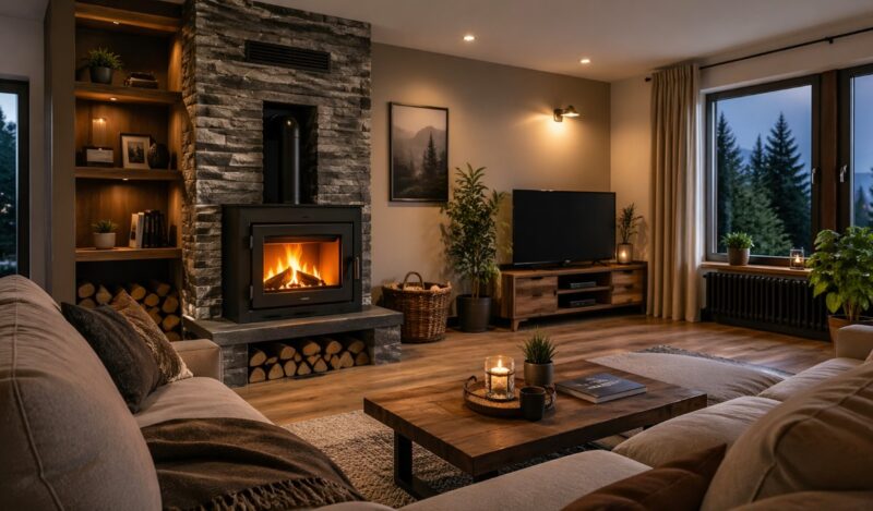 Moderan dnevni boravak sa kaminom na drva, drvenim nameštajem i toplim ambijentalnim osvetljenjem