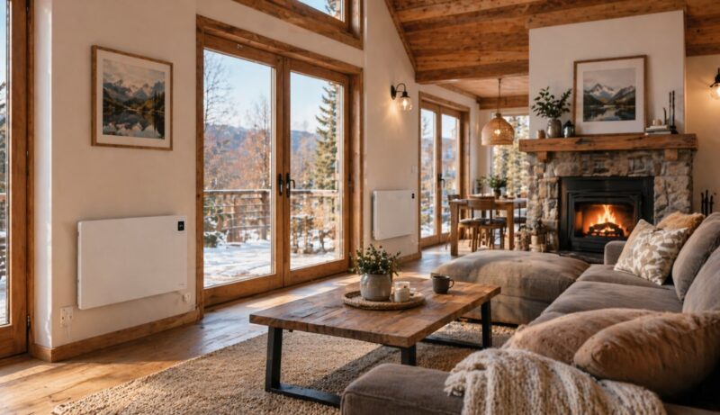 Uređena vikendica sa modernim enterijerom i električnim panelima na zidu koji služe za dogrevanje prostora tokom hladnijih dana