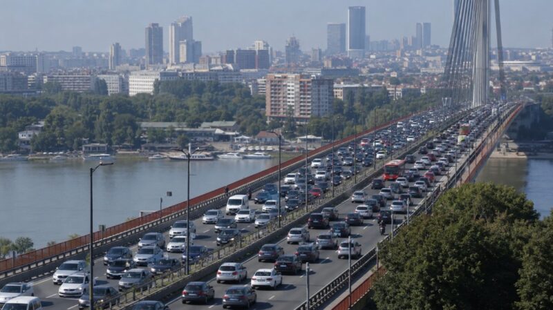 Gusta saobraćajna gužva na mostu Gazela u Beogradu tokom radnog dana.