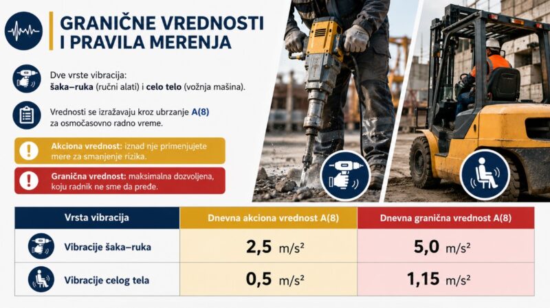 Prikaz akcionih i graničnih vrednosti za vibracije šaka-ruka i vibracije celog tela prema dnevnoj izloženosti A(8).