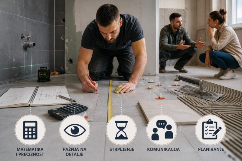 Keramičar meri i obeležava raspored pločica u kupatilu, uz alat, nacrt, libelu i konsultaciju sa klijentom u pozadini.