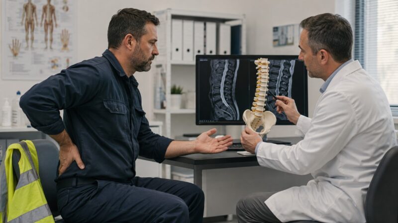 Lekar medicine rada razgovara sa rukovaocem mehanizacije o bolovima u leđima i posledicama izloženosti vibracijama