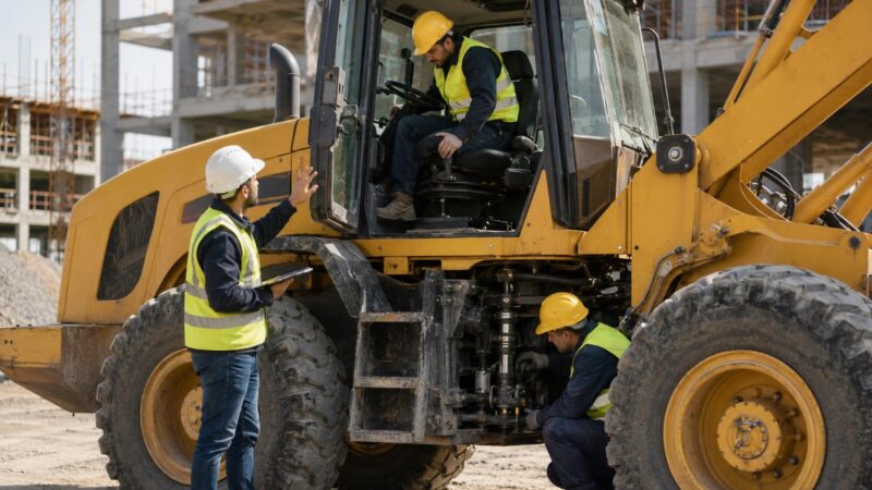 Radnici na gradilištu proveravaju kabinu, sedište i mehaničke delove građevinske mašine radi smanjenja izloženosti vibracijama.