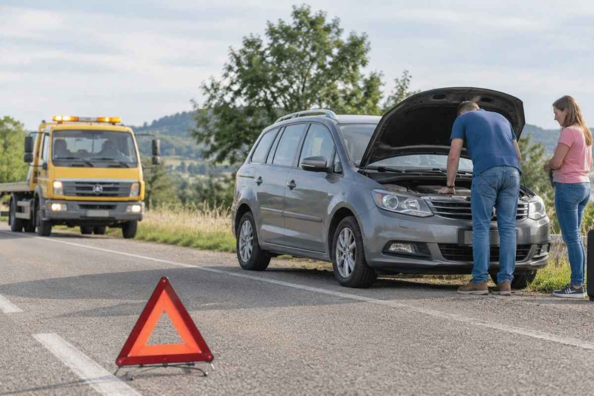 Pokvaren auto stoji pored puta dok vozač proverava motor, a šlep služba prilazi.
